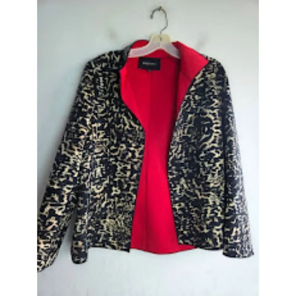 Lafayette 148 Black Leopard Print w/Red Lining Band Collar Blazer Jacket size 6